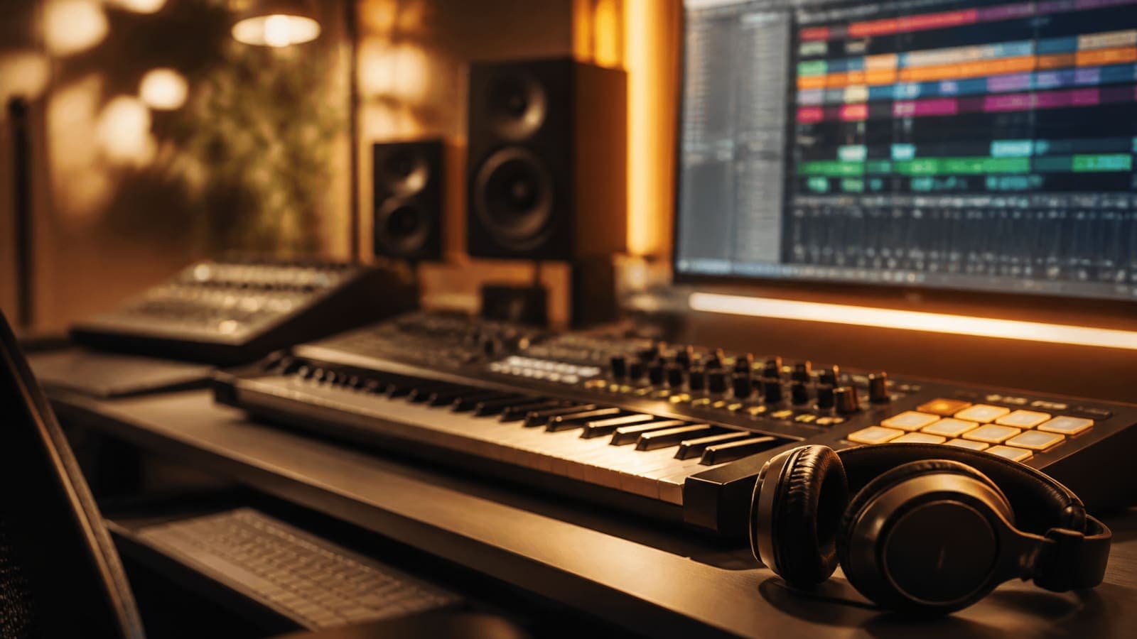 Music production studio with MIDI controller and headphones