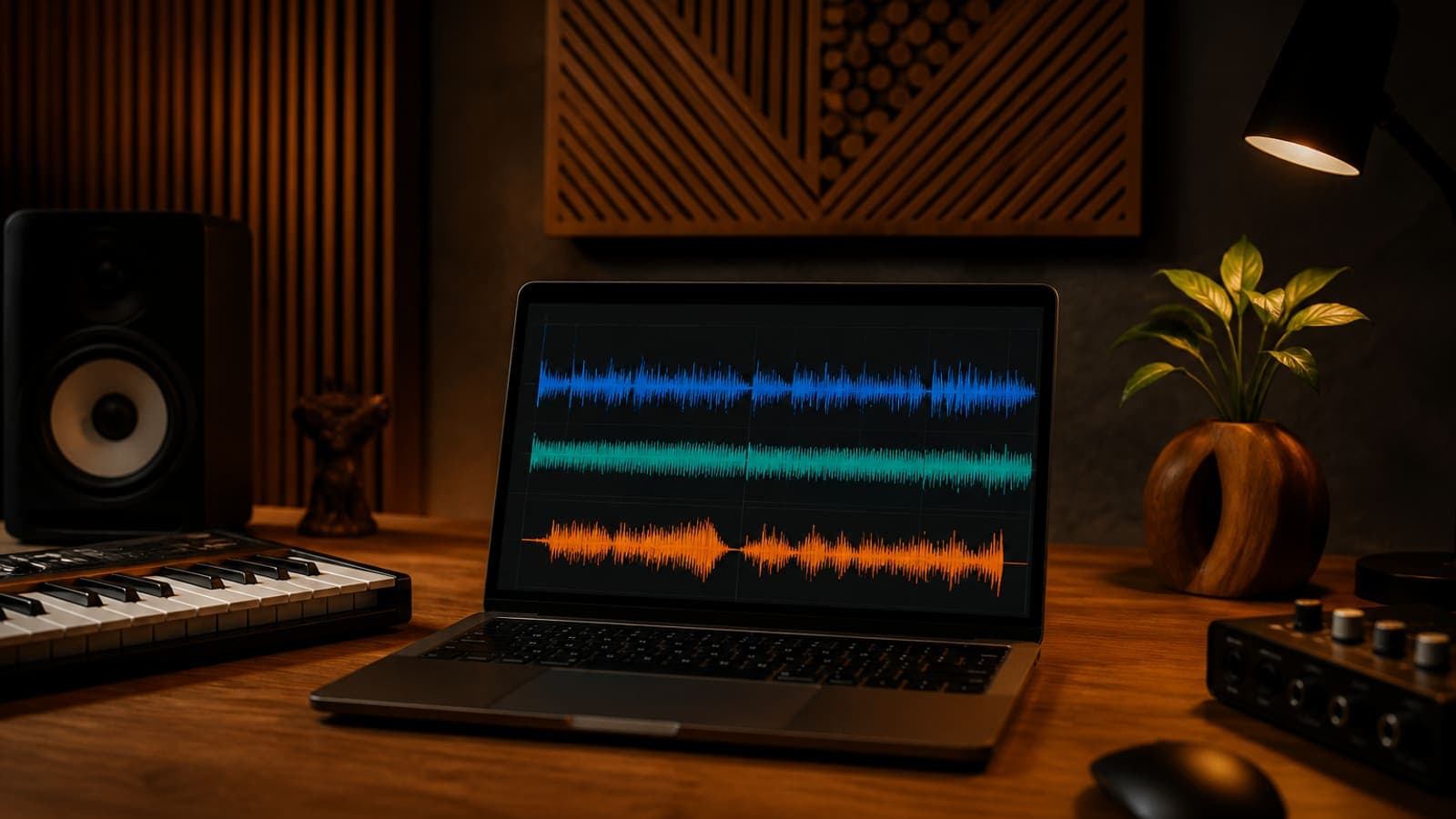 Producer workstation with laptop and warm studio lighting