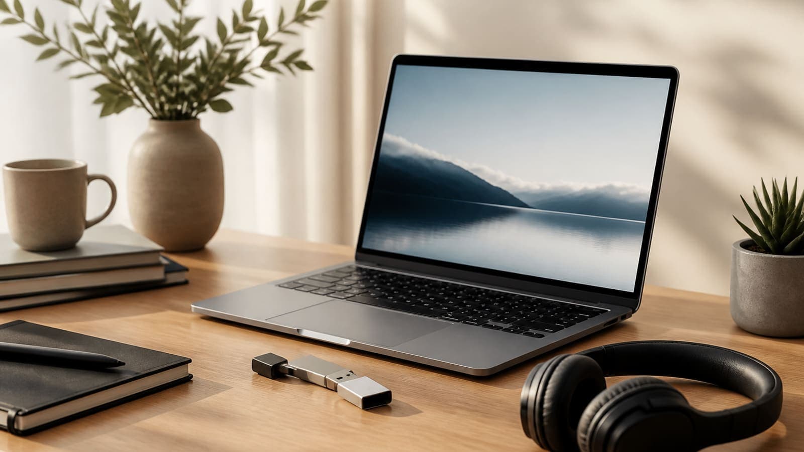 Desk with laptop, headphones, and digital product tools