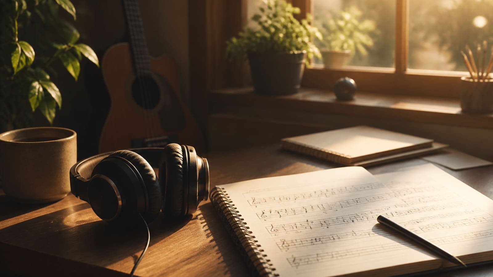 Cozy creator desk with headphones and notebook