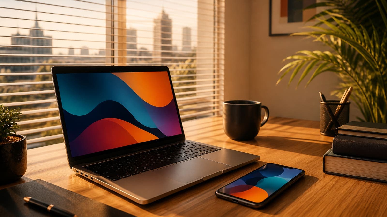 Clean commerce desk with laptop and phone in warm light