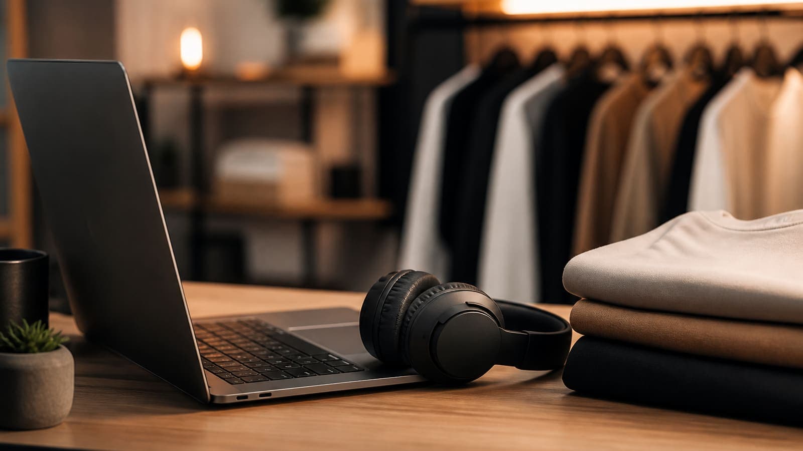 Creator desk with laptop, headphones, and merchandise