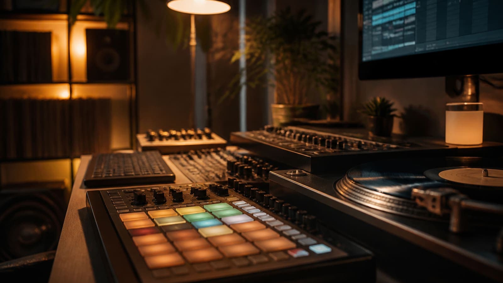 Modern music production desk with drum pads